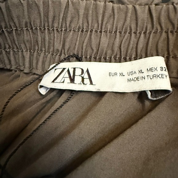 Zara Womens XL Olive Green Elastic Waist Cotton Blend Midi Skirt with Pockets - Picture 4 of 6